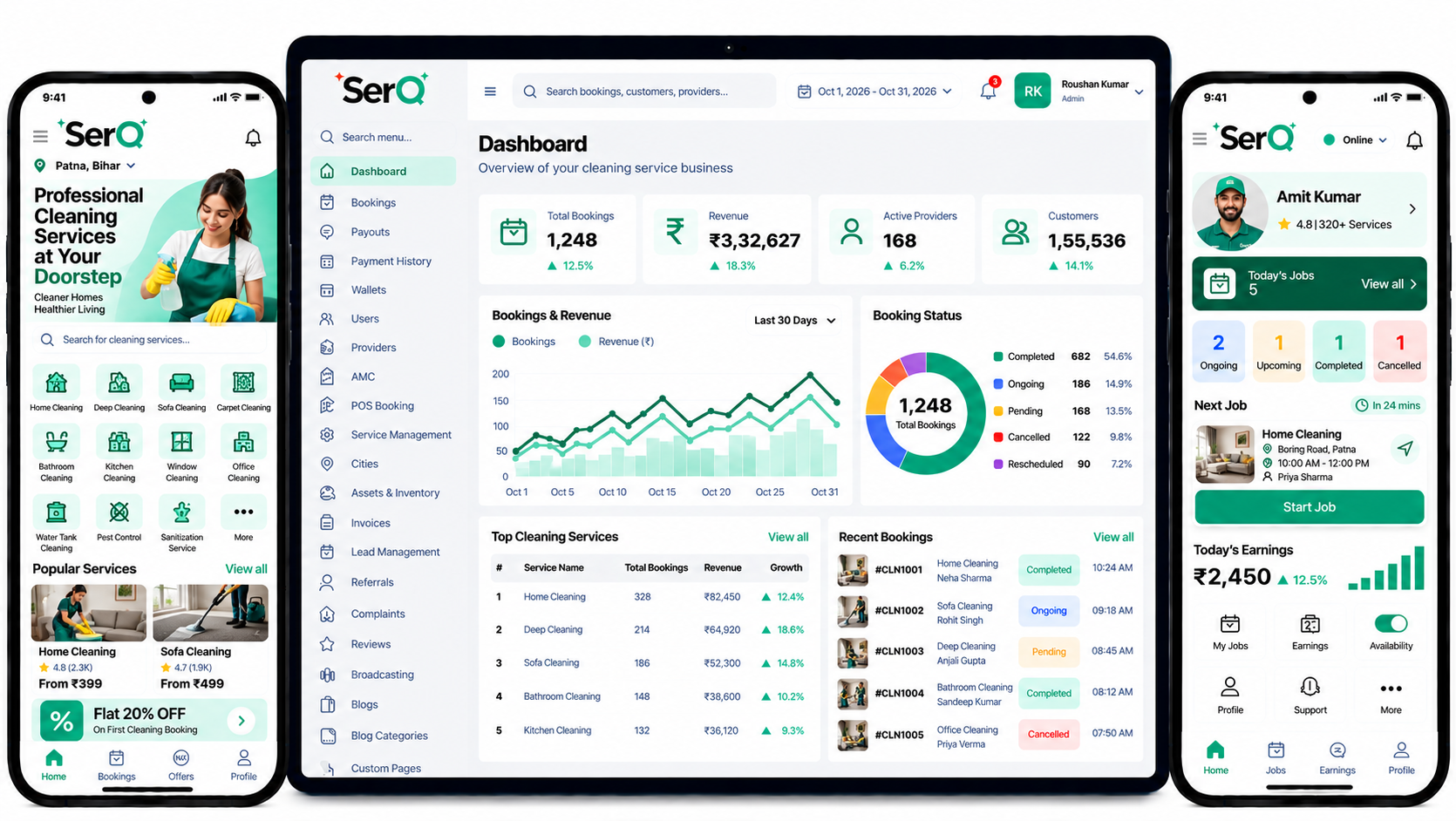 Cleaning services dashboard for bookings, crews, and job status